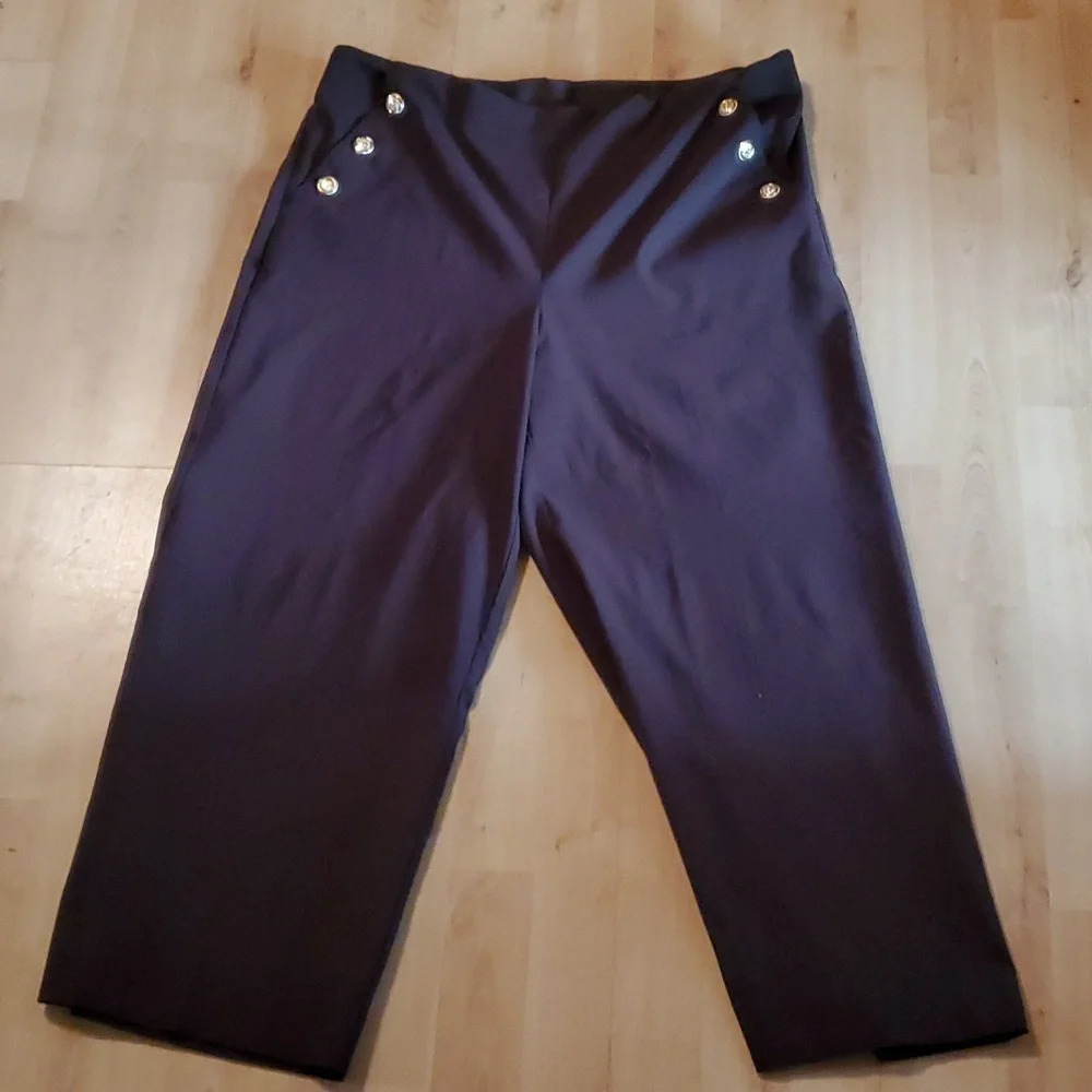 Chico's Womens Stretch Wide Leg Pants Gold Buttons, Stretch Band Waist,Brown
